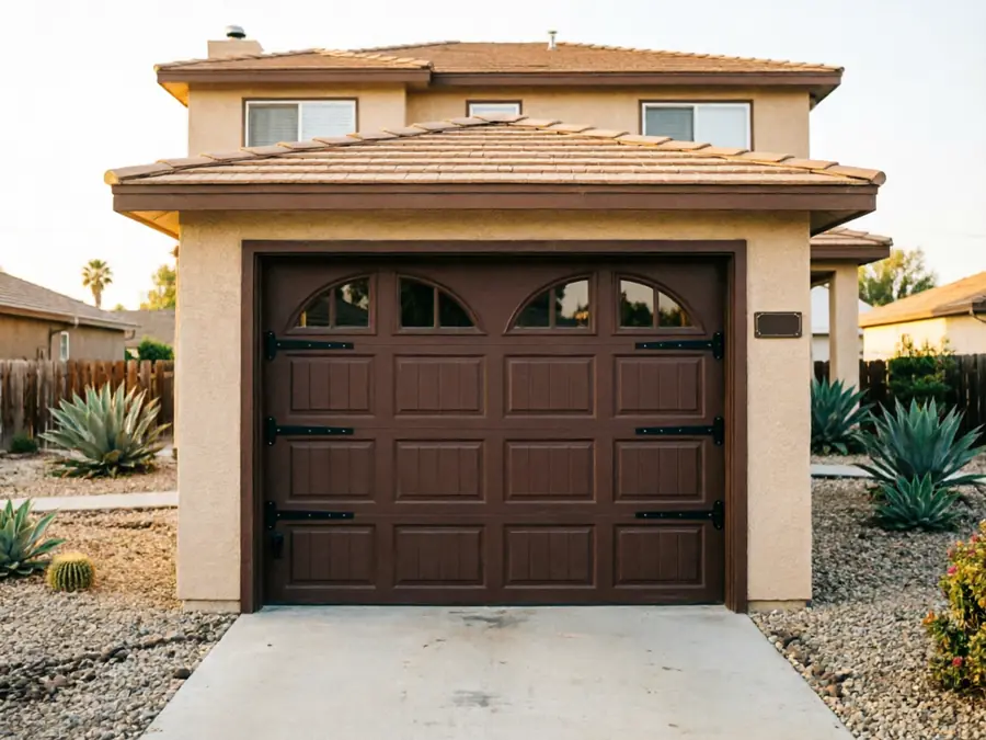 A brown garage door with decorative black hinges on a tan house.