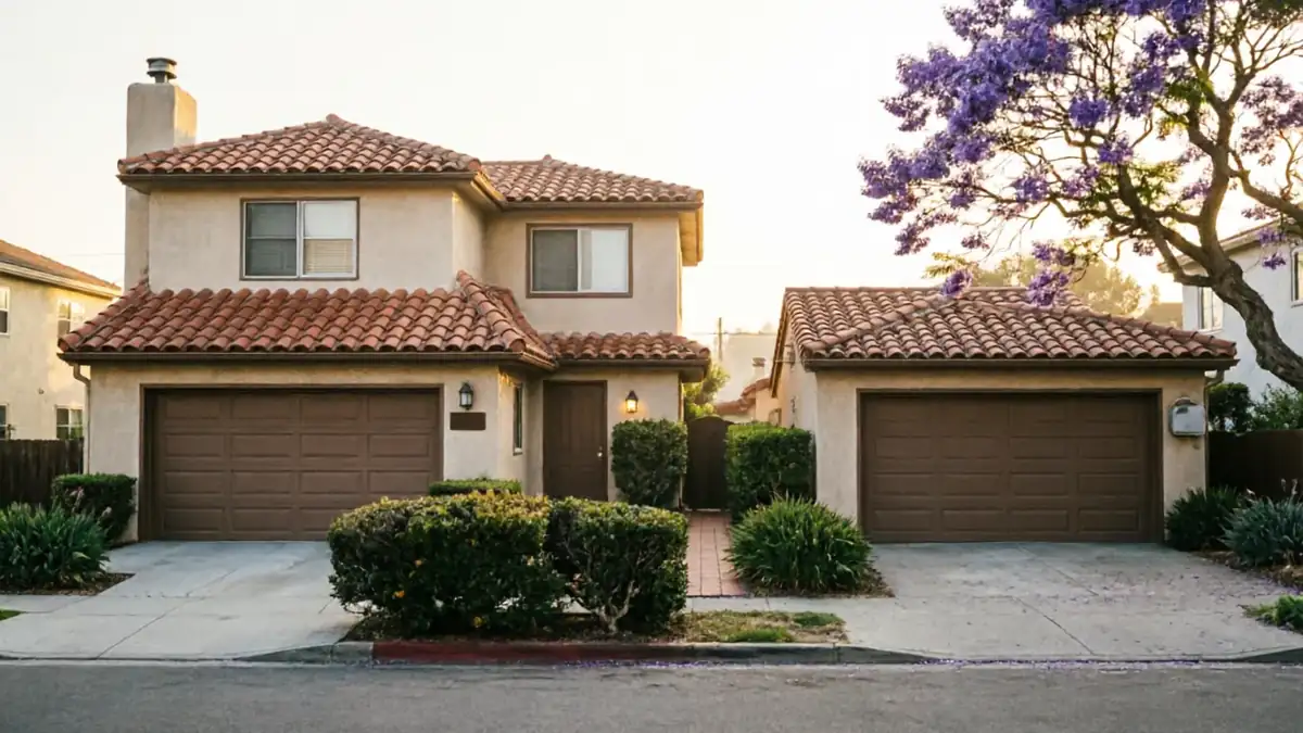 A house with two brown garage doors and a purple flowering tree.