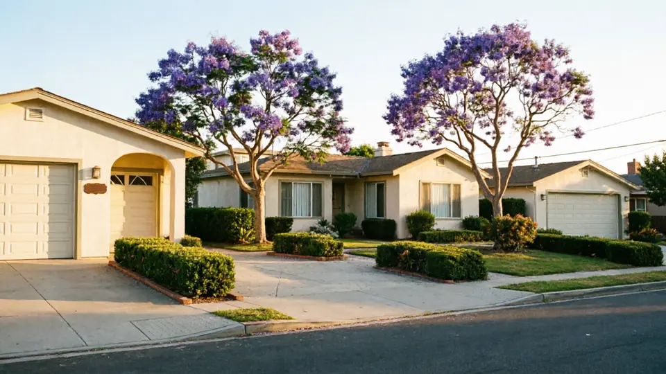 Three houses with garage doors and purple flowering trees line a street.