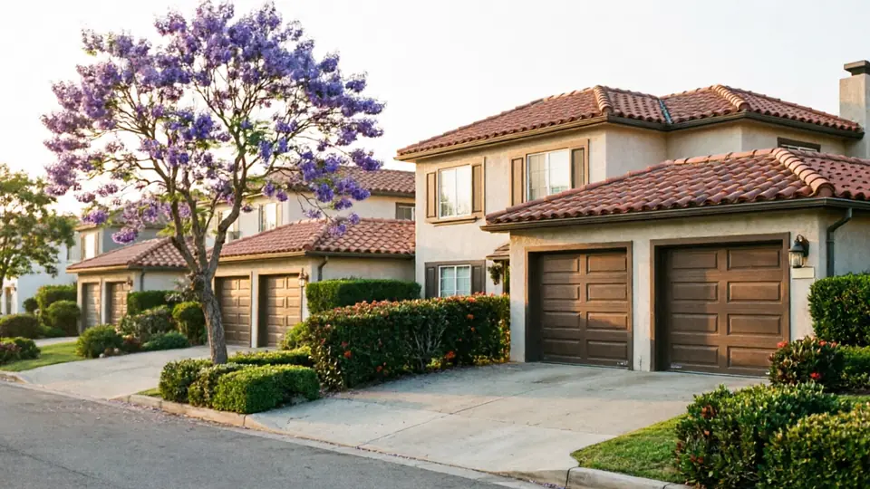 Three houses with brown garage doors and red tile roofs line a street.