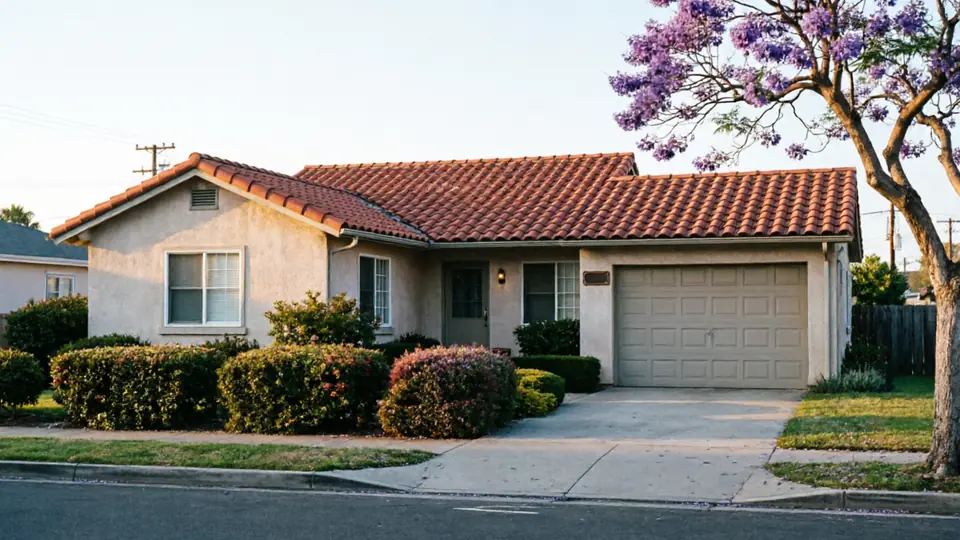 A beige house with a red tile roof and a beige garage door.