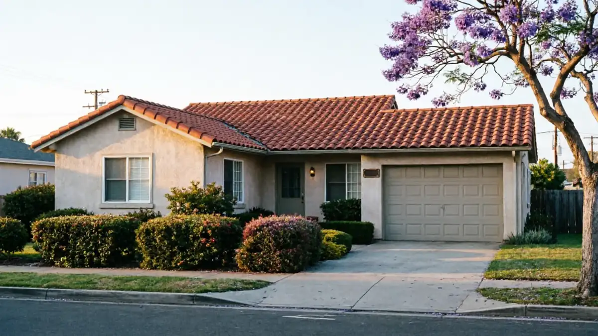 A beige house with a red tile roof and a beige garage door.