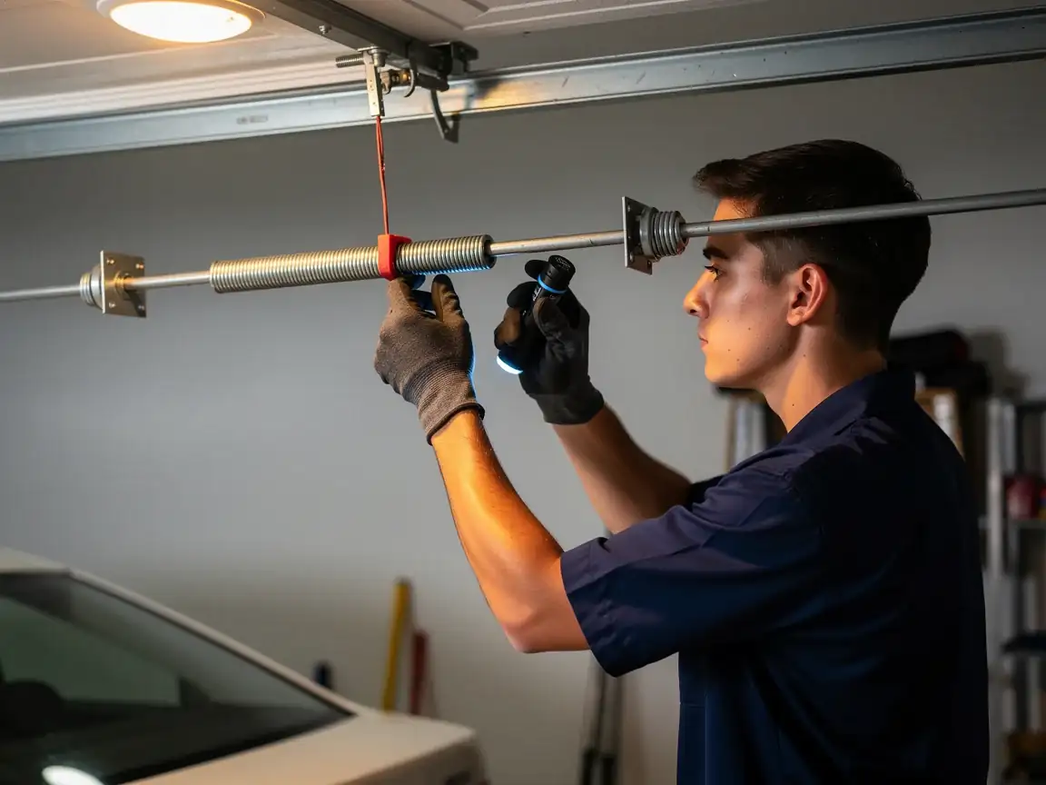 A technician in gloves inspects a garage door torsion spring with a flashlight.