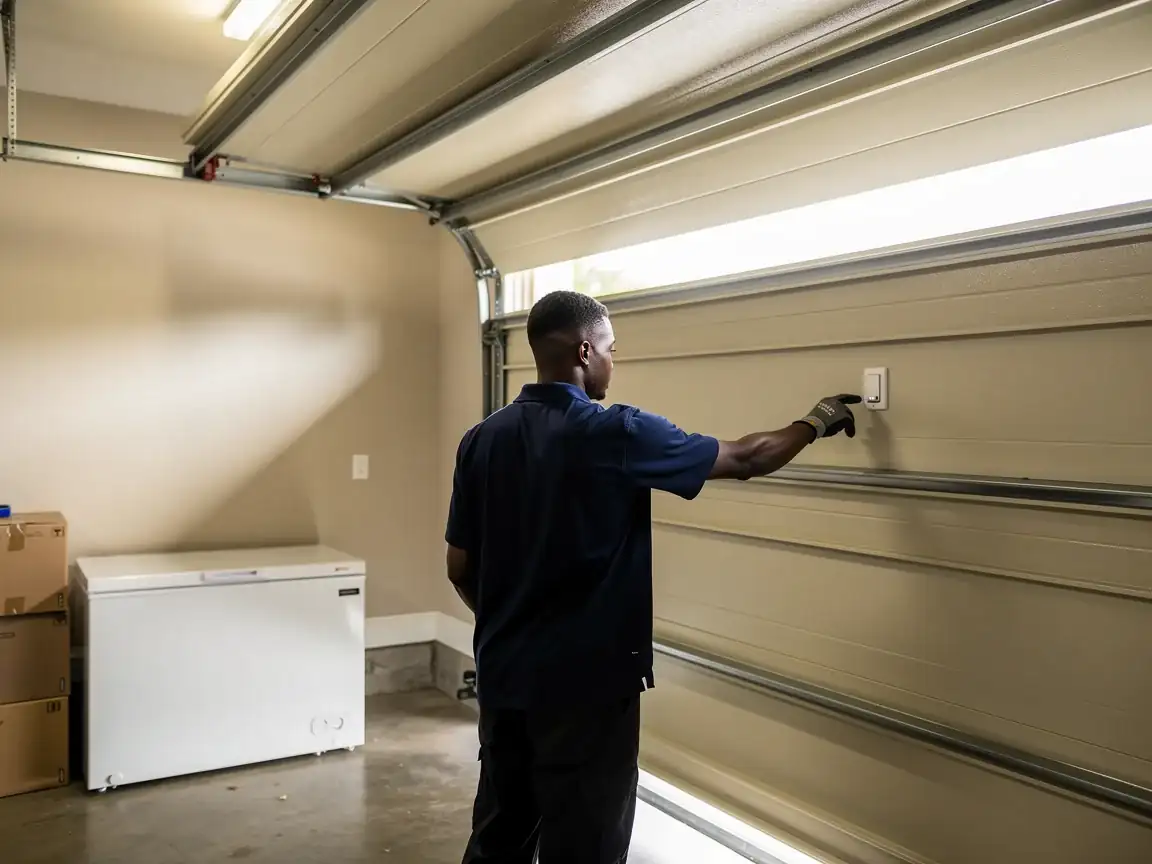 A technician presses a button on the wall next to an open garage door.