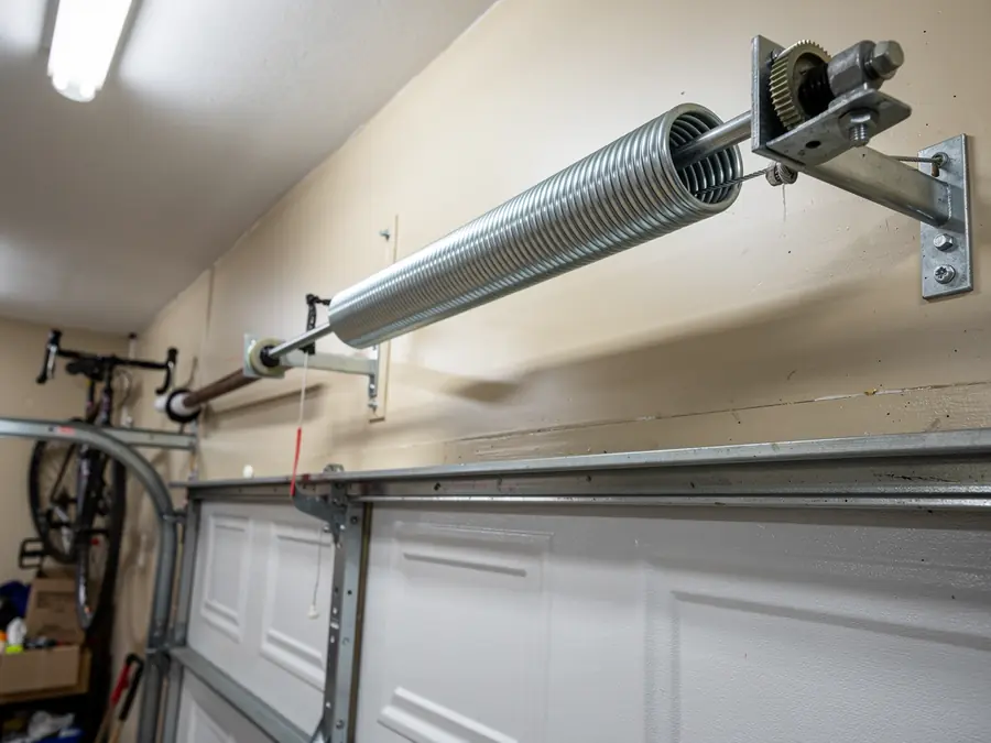 A garage door torsion spring is mounted above a white garage door.