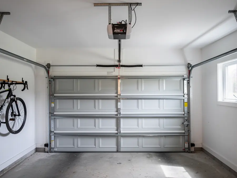 A white garage door is closed with an opener and torsion spring visible.