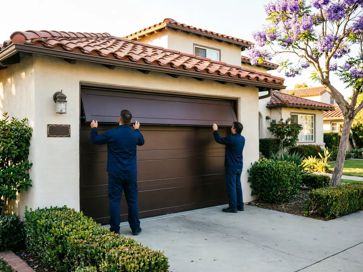Two technicians are installing a brown garage door on a house.