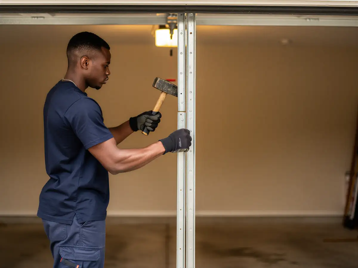 A technician in a blue shirt and gloves uses a hammer on a garage door track.