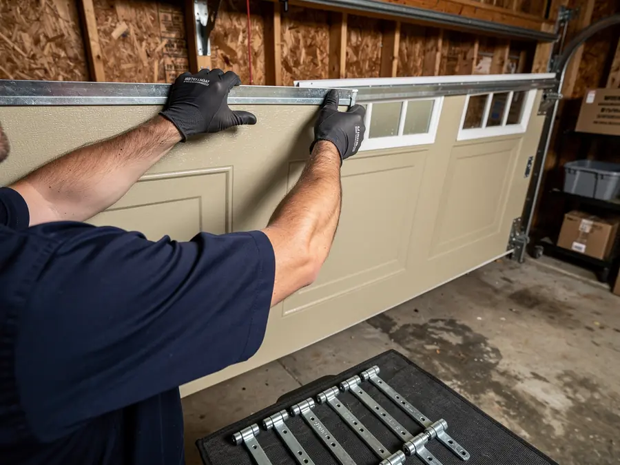 A technician installs a tan garage door with windows.