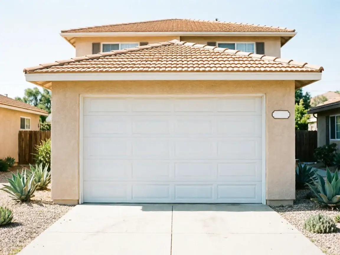 A white garage door on a tan house with a tiled roof.