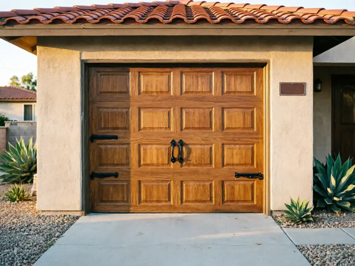 A wooden garage door with decorative black hardware on a stucco house.